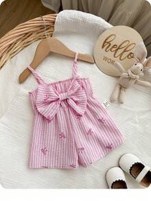 SHEIN 新生女宝宝夏季度假休闲可爱粉色条纹蝴蝶结吊带连体衣 - 粉色 - 查看 2