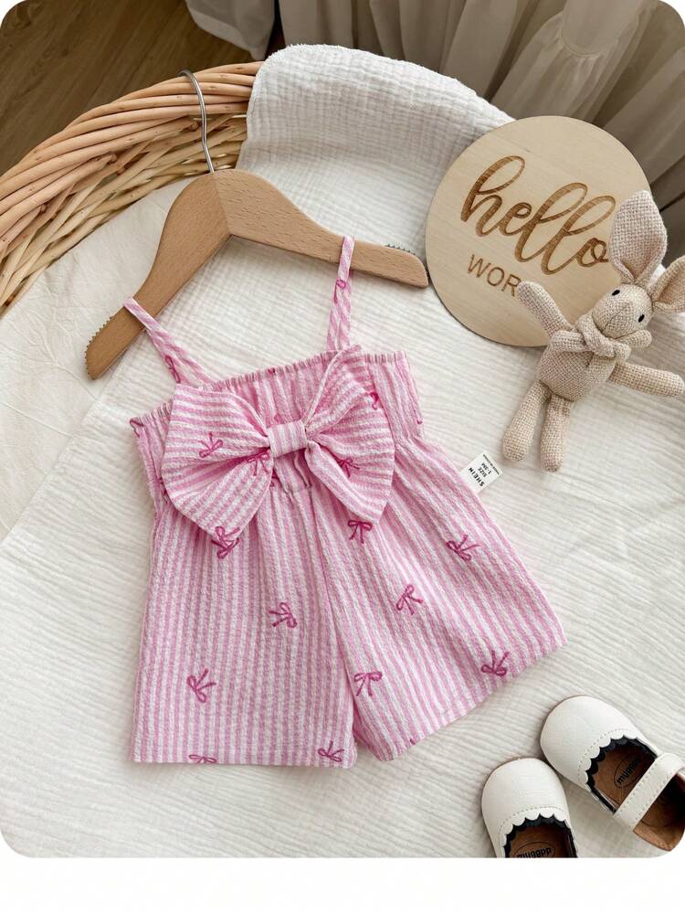 SHEIN Macacão Casual Fofo de Listras Rosas com Laço para Bebê Menina Recém-Nascida em Férias de Verão - Rosa chiclete - Visão 2