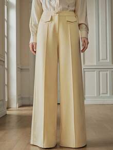 Anewsta New Modern Casual Light Yellow Patch Pocket Wide Leg Elegant Office Commute Versatile Women Suit Pants - Light Yellow - View 5