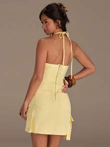 Athîral Đầm denim ngắn màu vàng nhiều túi, dây mảnh, thích hợp cho nữ đi nghỉ mát, mùa xuân/hè. - Màu vàng ngỗng - Xem 2