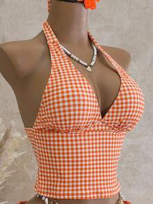 Swim Vcay Women's Tankini 2-Piece Swimwear Set, Plaid Print With Ruffle Trim, Halter Neck Tie Top And Drawstring Bottoms, Summer Beach Swimwear - Orange - View 3