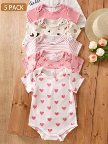 SHEIN Playful Pals 5件套女婴夏季休闲爱心蝴蝶结条纹印花连体衣套装 - 彩色 - 查看 9