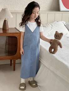 DAZY Tween Girls' Loose Casual Versatile Denim Jumper Dress - Light Wash - View 2