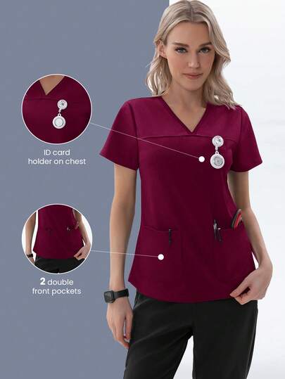 TaskEZ Áo thun nữ y tá cổ chữ V tay ngắn có 2 túi