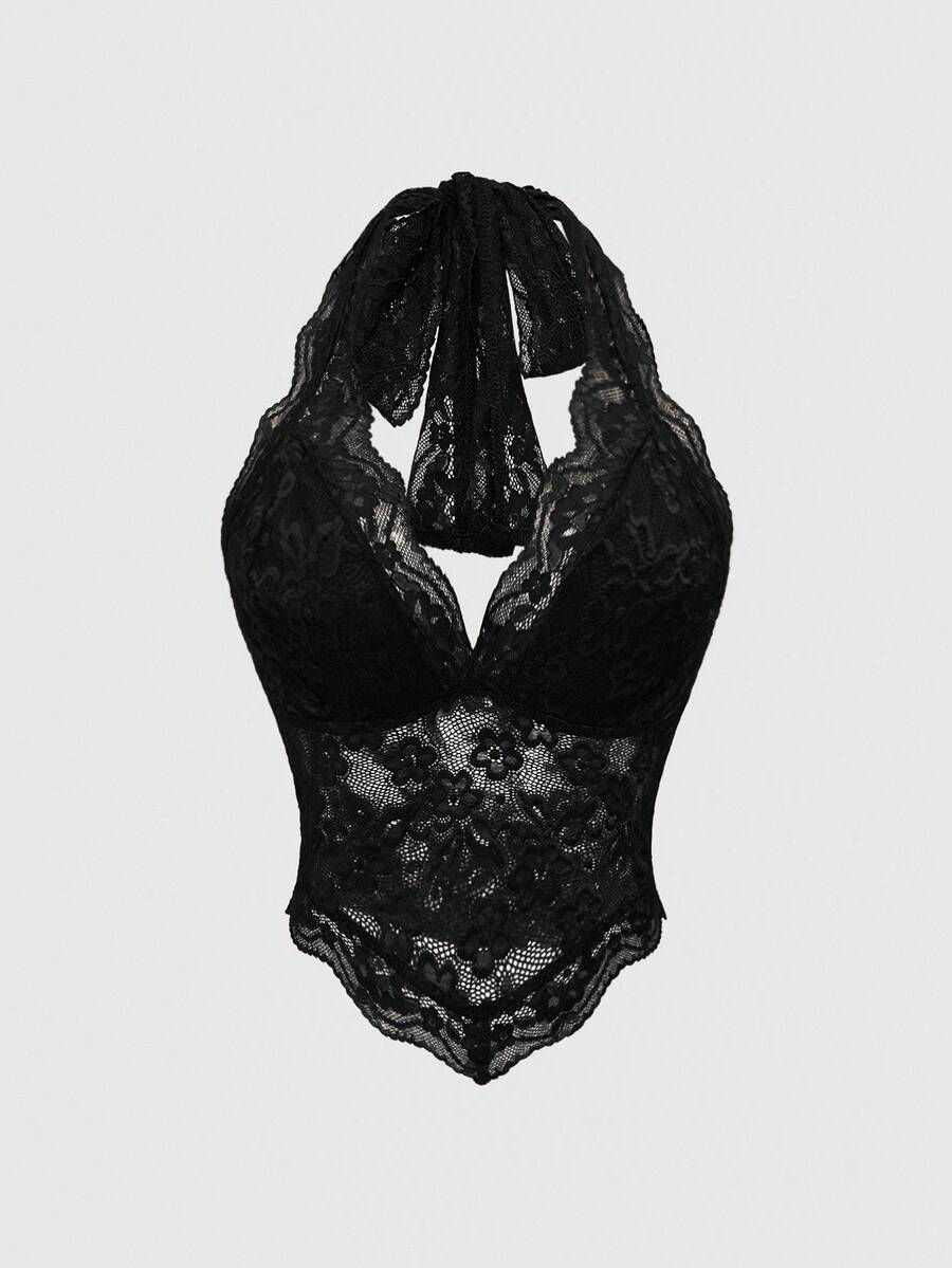 ROMWE Fairycore Áo hai dây ren cổ yếm màu trơn gợi cảm dành cho nữ - màu đen - Xem 1