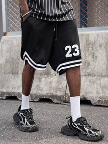EVRINFINITE 男士数字印花抽绳腰部宽松休闲篮球短裤 - 黑色 - 查看 5