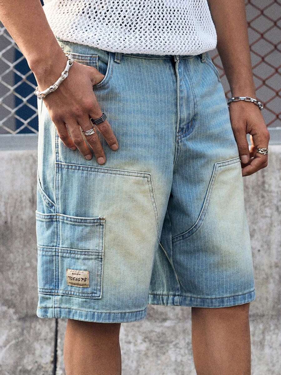 EVRINFINITE Men's Casual Streetwear Multi-Pocket Striped Blue Denim Shorts Light Wash Jorts - Light Wash - View 1