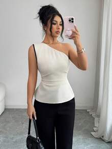 Rafferiza 女士优雅通勤撞色滚边单肩交叉肩带衬衫，夏季 - 杏色 - 查看 4