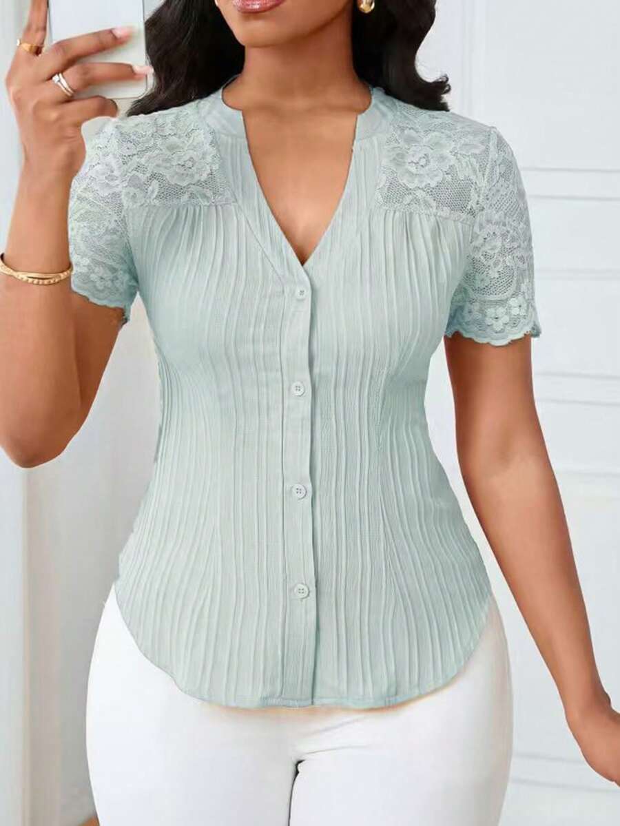 SHEIN Lunessa Women's Minimalist Single-Breasted Short Sleeve Shirt, Commuter Style - Baby Blue - View 1
