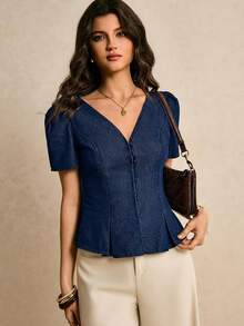 女士休闲花瓣袖牛仔衬衫，夏季 - 深色水洗藍 - 查看 6