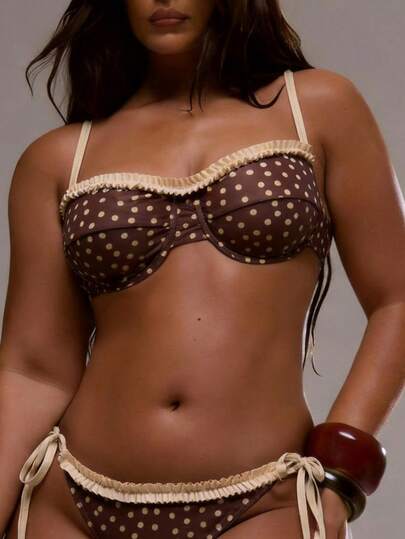 Swim Mod Plus Size Polka Dot Contrast Color Sexy Elegant Spaghetti Strap Bikini Top, Paired With Ruffle Trim Top, Underwire Push-Up Design, Suitable For Beach Vacation