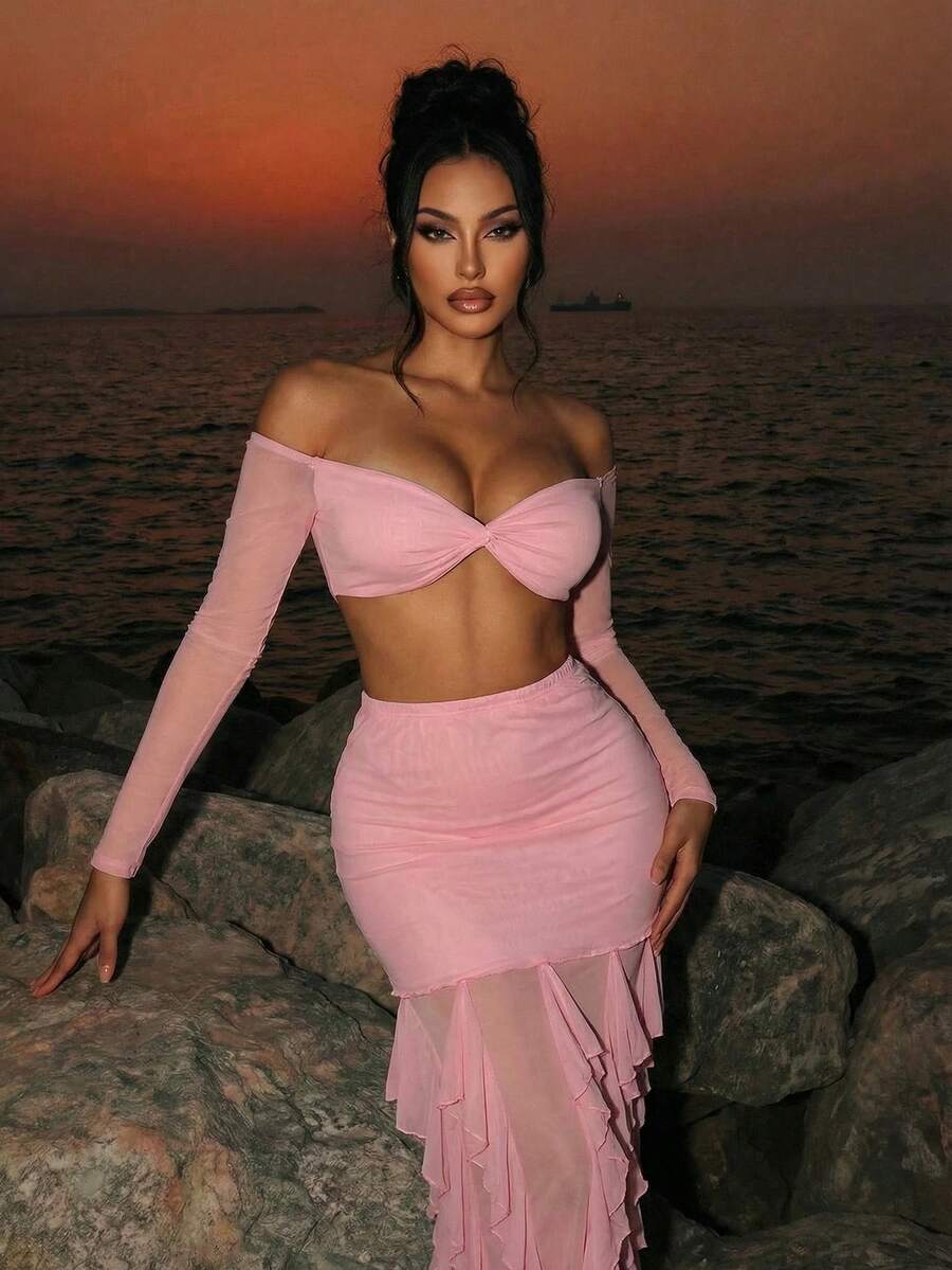 Sirith 女士前扭结露肩上衣和荷叶边鱼尾修身半身裙两件套，时尚百搭，适合夏季海滩度假、旅行和日常穿着 - 粉色 - 查看 1