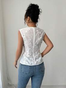 Selianne Women's White Floral Summer Elegant Blouse For Dates Brunch,Beach,Vacation,Wedding,French 3D Floral Embroidery Square Neck Button Waist Blouse,Petite - White - View 3