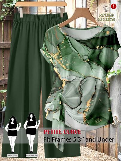 SHEIN PETITE CURVE Conjunto informal de 2 piezas de talla grande para mujer con top de cuello redondo con lámina de oro y pantalones de pierna ancha de unicolor