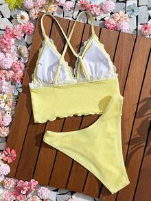 SHEIN Swim 春夏阳光沙滩泳装两件套，甜美可爱碎花褶皱蝴蝶结蕾丝边装饰女士吊带比基尼 - 黃色 - 查看 2