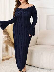 Modelyn Váy ren xếp nếp hở vai tay dài ôm sát thanh lịch kiểu Pháp cỡ lớn cho nữ - Màu xanh lam - Xem 5