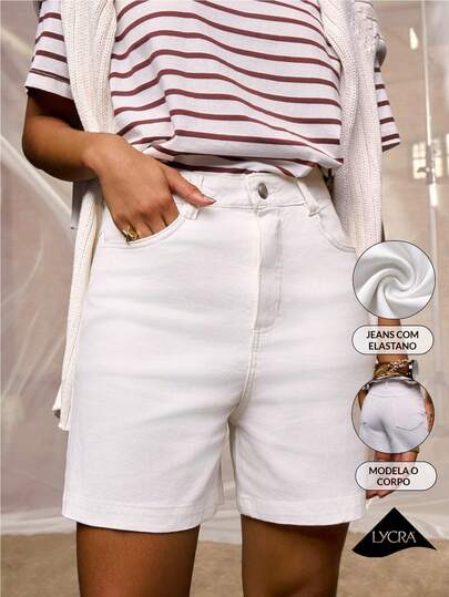 Daynim Bermuda Shorts Jeans Sarja Comfort Lycra Feminina Mom Com Stretch Elastano Cintura Alta Off, Entrega Local Brasil