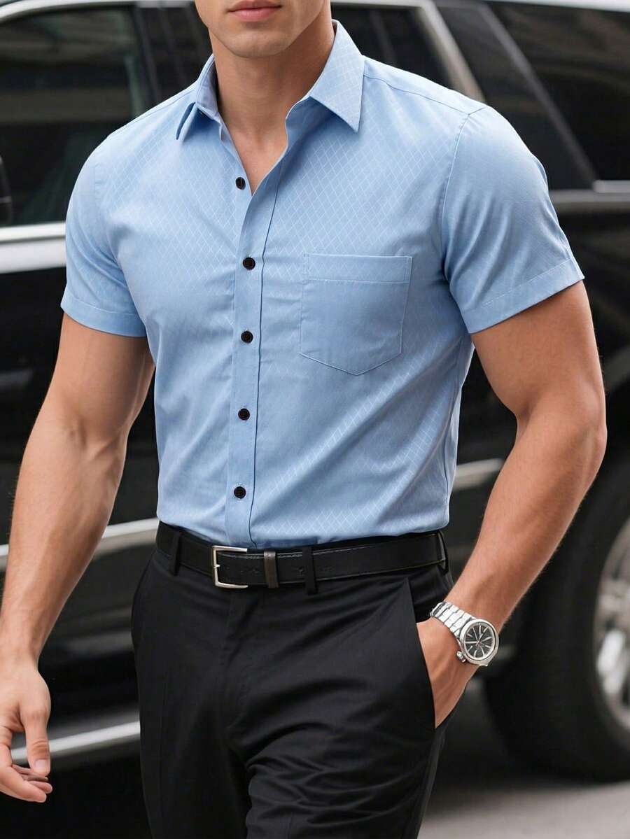 Manfinity Mode Áo sơ mi nam tay ngắn, màu trơn, cài cúc phía trước, kiểu dáng thường ngày, thích hợp cho mùa hè. - Màu xanh lam - Xem 1