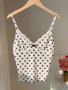Comfortcana 2026新款时尚女式白色波点蕾丝边吊带背心，适合夏季、春季、情人节外出穿着，优雅女士上衣，休闲女士衬衫，适合度假穿着，Y2K风格波点图案上衣 - 白色 - 查看 3