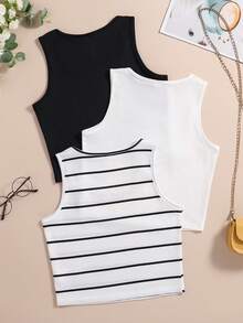Tween Girls Casual Versatile All-Match Minimalist Black & White Striped 3 Pieces Set (Top) - Multicolor - View 2