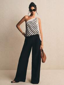 Poéselle Women's Fashionable Striped Tie Shoulder Blouse, Summer - Black and White - View 8