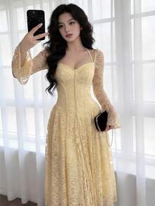 Feyla Đầm ren màu trơn thanh lịch dành cho nữ dự tiệc - Màu be - Xem 3