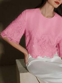 Anewsta New Arrival Spring/Summer Elegant Solid Color Embroidered Sheer Rhinestone Decor Round Neck Sleeveless Top For Women - Pink - View 7