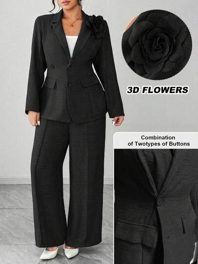 Elenzga Women Plus Size Elegant Floral Decor Blazer Jacket And Wide Leg Pants Suit Set
