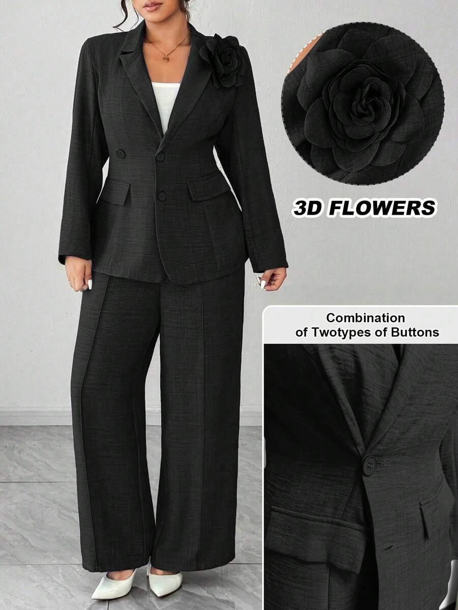 Elenzga Women Plus Size Elegant Floral Decor Blazer Jacket And Wide Leg Pants Suit Set - Black - View 1