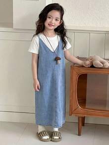 DAZY Tween Girls' Loose Casual Versatile Denim Jumper Dress - Light Wash - View 3