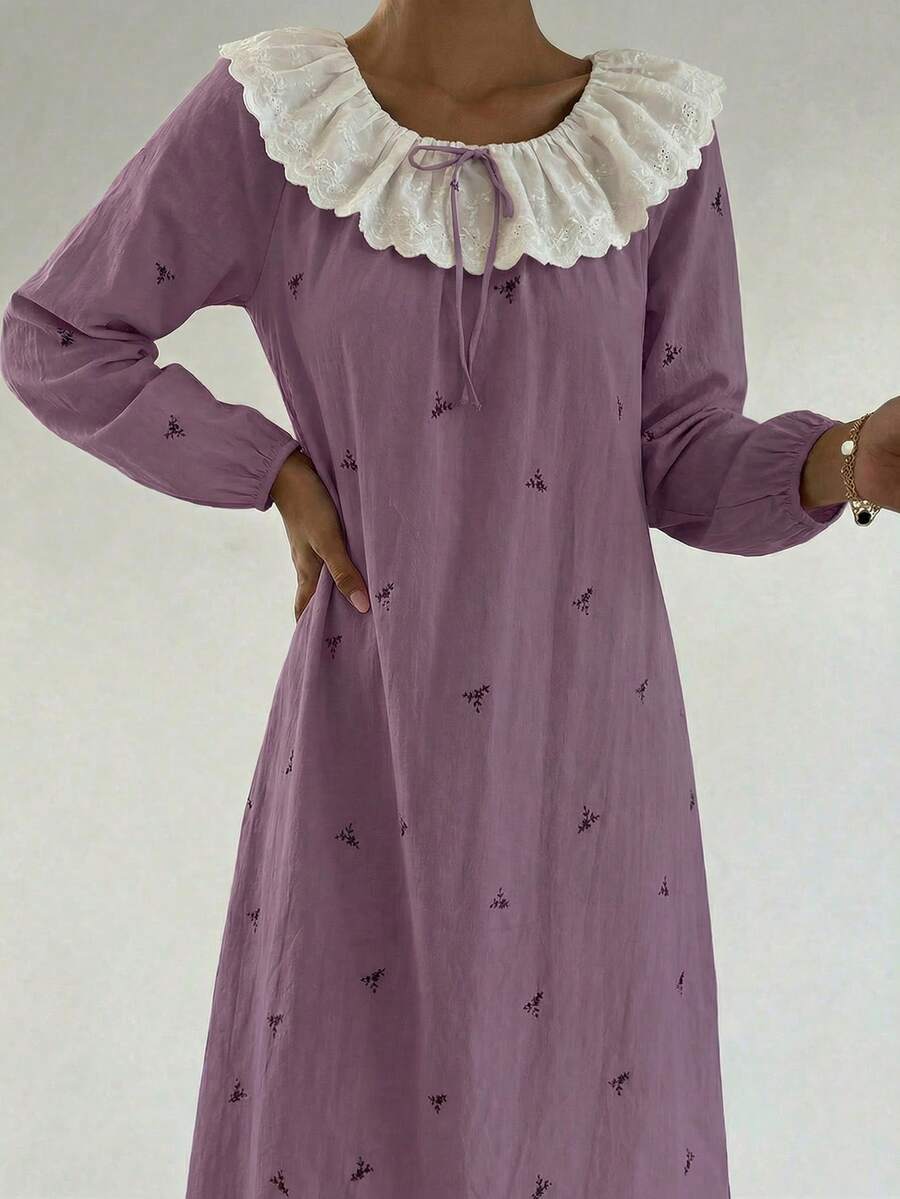 DAZY Ditsy Floral Ruffle Collar Lantern Sleeve Loose Long Women Nightgown - Dusty Purple - View 1
