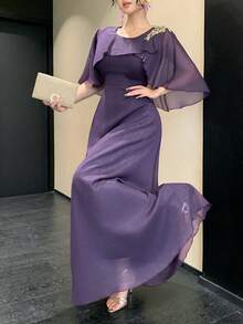 DAZY 女士不对称飘逸紫色雪纺连衣裙 - 紫羅蘭色 - 查看 2