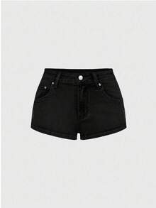 ROMWE Grunge Punk Vintage Y2K Women's Super Low Waist Ultra Short Denim Shorts With Rear Pocket Star Patch - Black - View 2