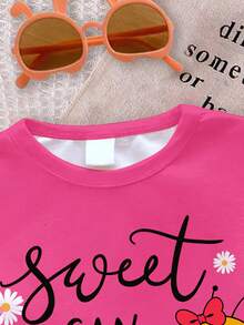 Baby Girl Letter & Cartoon Print Round Neck Short Sleeve T-Shirt And Shorts Set, Suitable For Spring/Summer, Daily Wear, Vacation, Travel - Multicolor - View 3