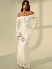 SHEIN Tall Đầm ôm sát tay dài trễ vai thắt nơ phía trước dành cho nữ, đầm dự tiệc năm mới, đầm dự tiệc Valentine. - Màu be - Xem 8