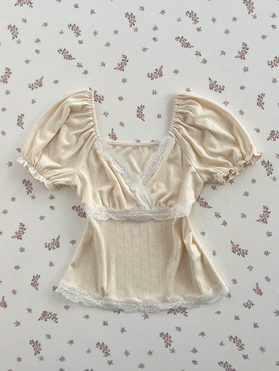 Flirla 女士粉色方领修身蕾丝短袖连衣裙，甜美可爱Y2K时尚，舒适百搭，学院风，适合春夏返校季 - 杏色 - 查看 1