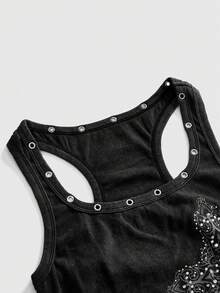 ROMWE Grunge Punk Summer Festival Punk Cross Print Rhinestone Vintage Wash Mini Dress For Women - Black - View 3