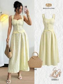 SHEIN Raffinéa Set de damă cu top camisol și fustă evazată, ținută elegantă din 2 piese, din material jacquard galben deschis - Lumină galbenă - Vizualizare 1