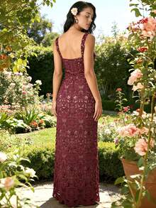 SHEIN PETITE 纯色方领无袖修身时尚优雅蕾丝长裙 - 酒紅色 - 查看 2