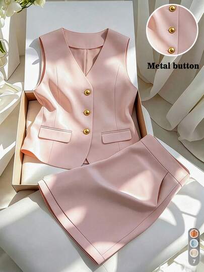 GlowEve CURVE Sleeveless Blazer Vest Top And Matching Mini Skirt Set, Metallic Button Accent, Pale Pink Plus Size 2 Pieces Outfit Classy Coords Outfit For Women Vest Suit For Women Trending Outfit For 2025 Women Suits For Woman Set Professional Clothes Women Sets