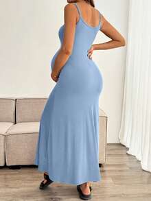 SHEIN Vestido de embarazo de unicolor con tirantes finos, ajustado y fruncido, de alta elasticidad y sin mangas - Celeste - Ver 2