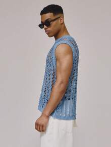 Musero 开放式无袖钩针背心，薄纱厚边针织圆领吊带衫，春夏必备假日沙滩装 - 藍色 - 查看 3