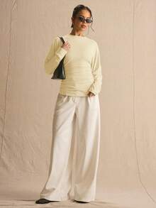 MUSERA 收腰褶皱蝙蝠袖长袖上衣，春夏可爱舒适田园风春日露珠穿搭 - 黃色 - 查看 5