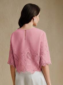 Anewsta New Arrival Spring/Summer Elegant Solid Color Embroidered Sheer Rhinestone Decor Round Neck Sleeveless Top For Women - Pink - View 6