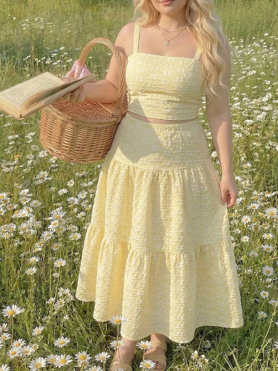 SHEIN MOD 大码女式黄色碎花纹理长款连衣裙两件套，多层荷叶边下摆，适合约会、度假、野餐、海滩等场合，舒适透气。 - 黃色 - 查看 1