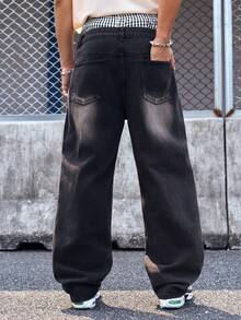 EVRINFINITE Manfinity Streetrush Men's Minimalist Denim Wide Leg Loose Casual Pants, Long Baggy Plain Black Washed Cargo Jeans, For Husband, Boyfriend Gifts Going Out Hang Out College Vacation Street - Black - View 2