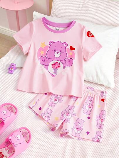 SHEIN X Care Bears 卡通印花圆领短袖上衣和短裤睡衣套装，适合小女孩