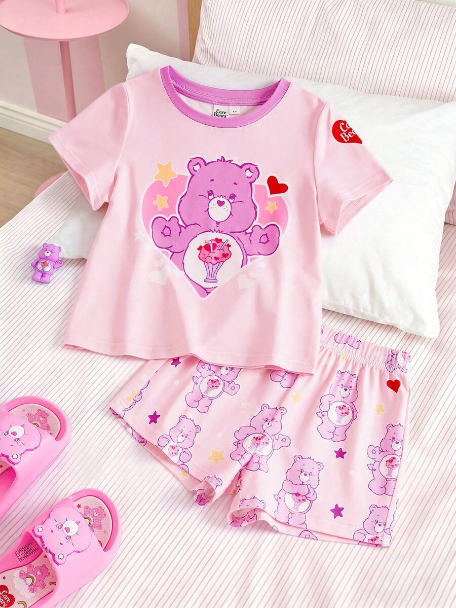 SHEIN X Care Bears 卡通印花圆领短袖上衣和短裤睡衣套装,适合小女孩 - 粉色 - 查看 1