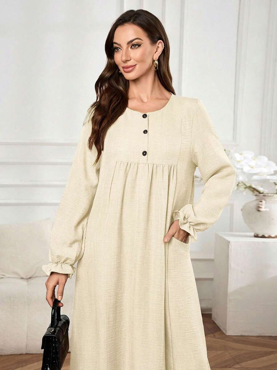 Al Najma Women's Solid Color Round Neck Pleated Casual Party Travel Arabic Style Dress - Yellow - View 1