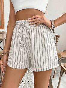 SHEIN Frenchy Quần short nữ cạp chun kẻ sọc, kiểu dáng thường ngày, đa năng, có dây rút. - Màu be - Xem 5